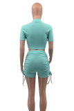 Green Casual Solid Hollowed Out Half A Turtleneck Short Sleeve Two Pieces