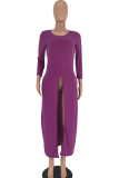 Blue Casual Solid High Opening O Neck Straight Dresses