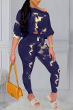 Rose Red Casual Print Patchwork O Neck Half Sleeve Two Pieces