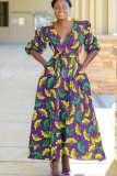 Green Fashion Sexy Cap Sleeve Half Sleeves V Neck A-Line Ankle-Length Print Patchwork African C