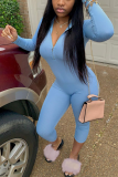 Blue Street Solid Split Joint Mandarin Collar Skinny Jumpsuits