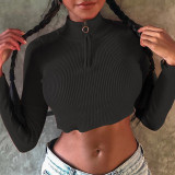 Rose Red Fashion Casual Solid Basic Zipper Collar Tops