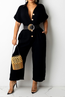 Black Casual Solid Split Joint Turndown Collar Straight Jumpsuits(Without Belt)