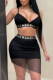 Black Sexy Print fur Spaghetti Strap Sleeveless Two Pieces