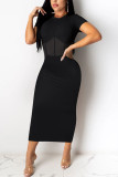 Red Fashion Sexy adult Ma'am Cap Sleeve Short Sleeves O neck Step Skirt Mid-Calf Patchwork Mesh Solid Dresses