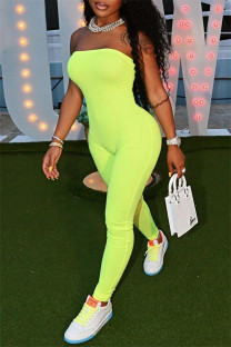 Fluorescent Green Sexy Casual Solid Backless Strapless Skinny Jumpsuits