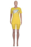 Yellow Fashion adult OL Patchwork Print diamonds Two Piece Suits pencil Short Sleeve Two Pieces