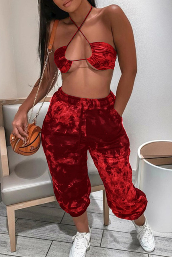 Red Fashion Sexy Print Backless Halter Sleeveless Two Pieces