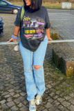 Dark Gray Fashion Casual Print Basic O Neck T-Shirts