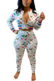 White Fashion adult Ma'am Sweet Patchwork Print Two Piece Suits pencil Long Sleeve Two Pieces