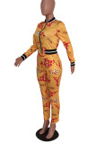 Golden Yellow Casual Print Patchwork O Neck Long Sleeve Two Pieces