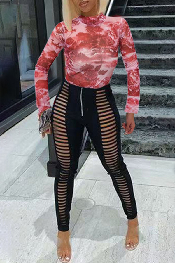 Multicolor Casual Print O Neck Long Sleeve Two Pieces