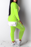 Fluorescent Green Casual Print Letter O Neck Long Sleeve Two Pieces