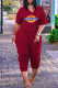 Burgundy Fashion Casual Print Pocket V Neck Short Sleeve Regular Jumpsuits