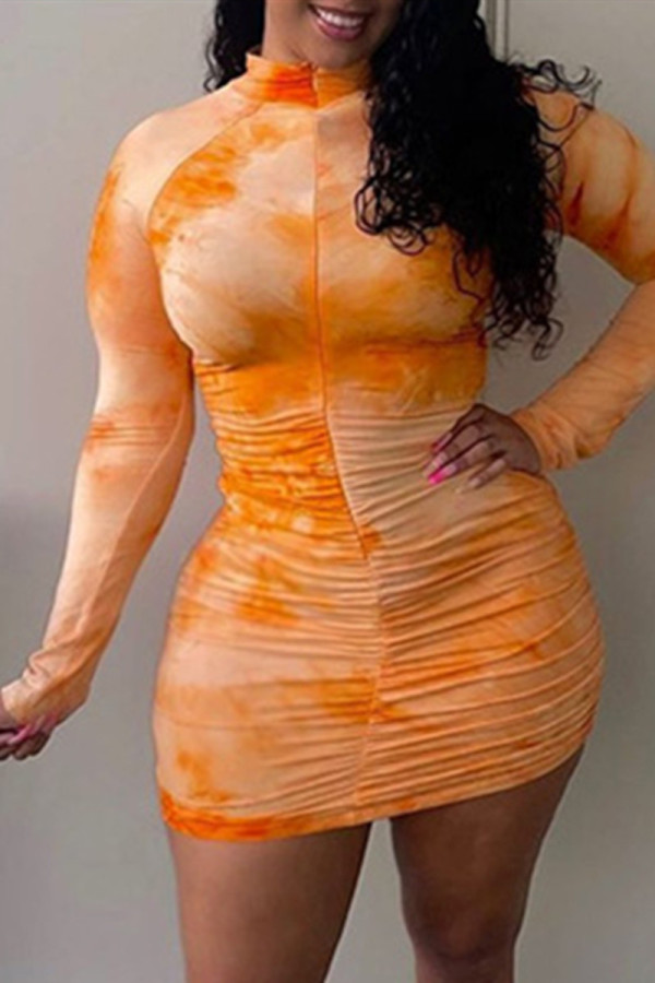 Orange Fashion Sexy Print Tie-dye Fold Half A Turtleneck Long Sleeve Dresses