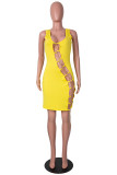 Yellow Sexy Solid Hollowed Out Chains U Neck Sleeveless Dress