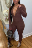 Brownness Casual Solid V Neck Skinny Jumpsuits