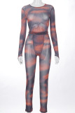 Black Sexy Print Solid Patchwork O Neck Long Sleeve Two Pieces