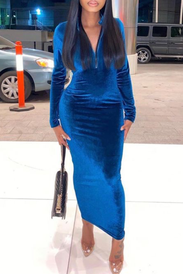 Blue Street Solid Patchwork Zipper Collar Pencil Skirt Dresses