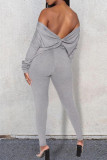 Grey Fashion Sexy Solid Backless Bateau Neck Long Sleeve Two Pieces