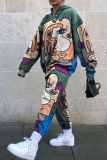 Multicolor Casual Print Patchwork Hooded Collar Long Sleeve Two Pieces