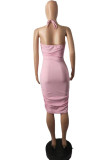 Pink Fashion Sexy Solid Hollowed Out Backless Halter Sleeveless Dress