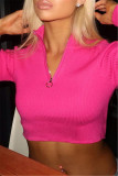 Rose Red Fashion Casual Solid Basic Zipper Collar Tops