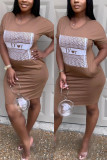 Pink Fashion Sexy Regular Sleeve Short Sleeve O Neck Short Sleeve Dress Knee Length Print Dresses