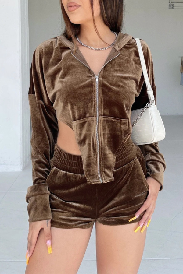 Dark Brown Fashion Casual Solid Asymmetrical Hooded Collar Long Sleeve Two Pieces