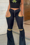 Black Sexy Solid Hollowed Out Regular Mid Waist Speaker Bottoms
