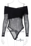 Black Sexy Solid See-through Mesh Off the Shoulder Regular Bodysuits
