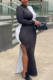 Black And White Fashion Patchwork Slit O Neck Long Sleeve Two Pieces