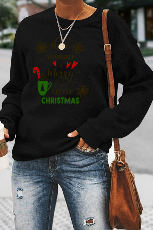Black Casual Letter Print Patchwork O Neck Tops