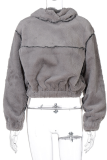 Grey Casual Solid Split Joint Hooded Collar Tops