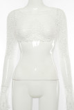 Cream White Celebrities Solid Hollowed Out O Neck Mid Waist Tops