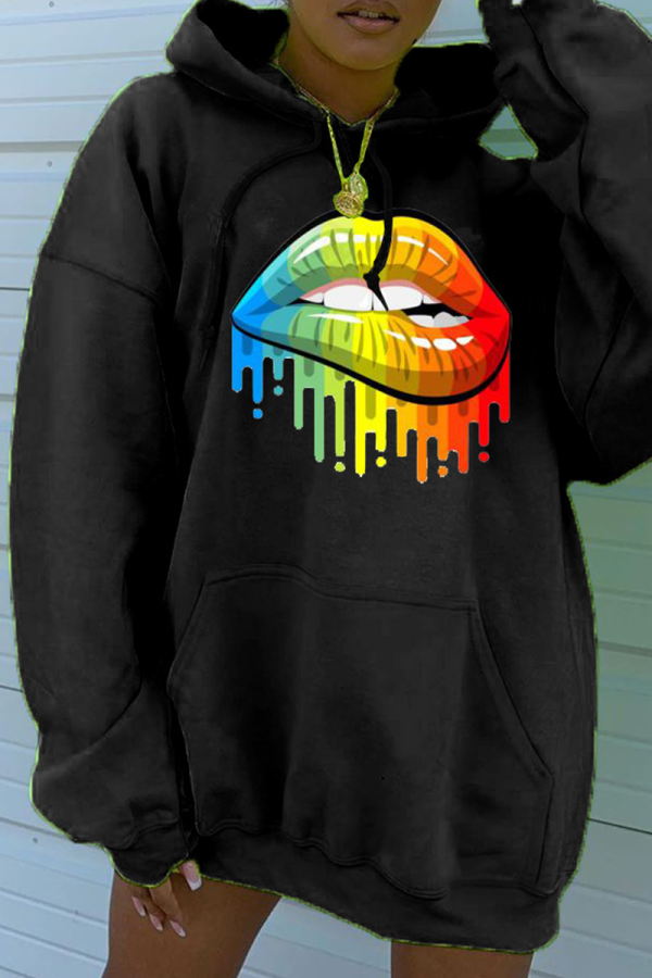 Black Street Print Patchwork Hooded Collar Tops