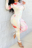 White Casual Print Patchwork Half A Turtleneck Skinny Jumpsuits