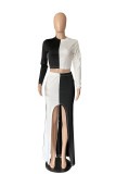 Black And White Fashion Patchwork Slit O Neck Long Sleeve Two Pieces