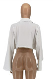 White Fashion Casual Solid Strap Design Turndown Collar Outerwear