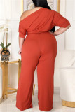 Rose Red Fashion Casual Solid Backless With Belt Oblique Collar Plus Size Jumpsuits