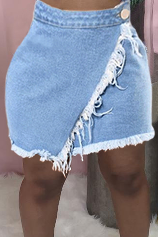 Light Blue Street Solid Tassel Mid Waist Straight Denim Skirts