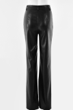 Black Casual Solid Patchwork Straight No(Nonelastic) Mid Waist Straight Bottoms