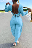 Grey Casual Solid Bandage O Neck Long Sleeve Two Pieces
