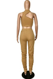 Khaki Fashion Sexy Solid Hollowed Out Turtleneck Sleeveless Two Pieces