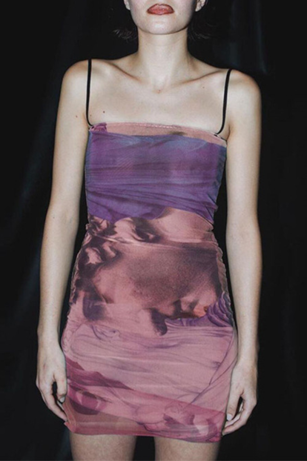 Pink Sexy Print Patchwork Spaghetti Strap Pencil Skirt Dresses