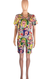 Multicolor Casual Print Patchwork V Neck Short Sleeve Two Pieces