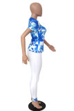 Blue Fashion Casual Patchwork Print Two Piece Suits Straight Short Sleeve Two Pieces