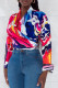 Fuchsia Sexy Print Bandage Patchwork Mandarin Collar Tops