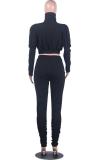 Black Fashion adult Street Patchwork Zippered Solid Two Piece Suits pencil Long Sleeve