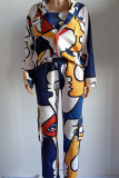 Multicolor Casual Print Patchwork Turndown Collar Long Sleeve Two Pieces